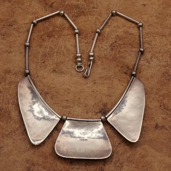 Vintage Native American Modernist Silver Bib Necklace Carlos Diaz Style 17" - Picture 11 of 13